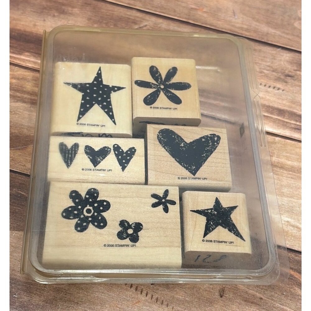 2006 STAMPIN' UP! LOVE IT WOOD MOUNTED RUBBER STAMP SET OF 6 HEART STAR
